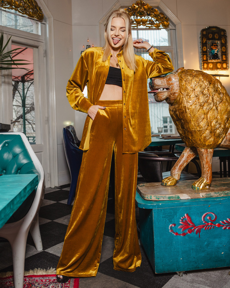 WIDE VELVET TROUSERS MUSTARD