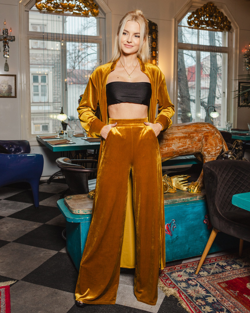 WIDE VELVET TROUSERS MUSTARD